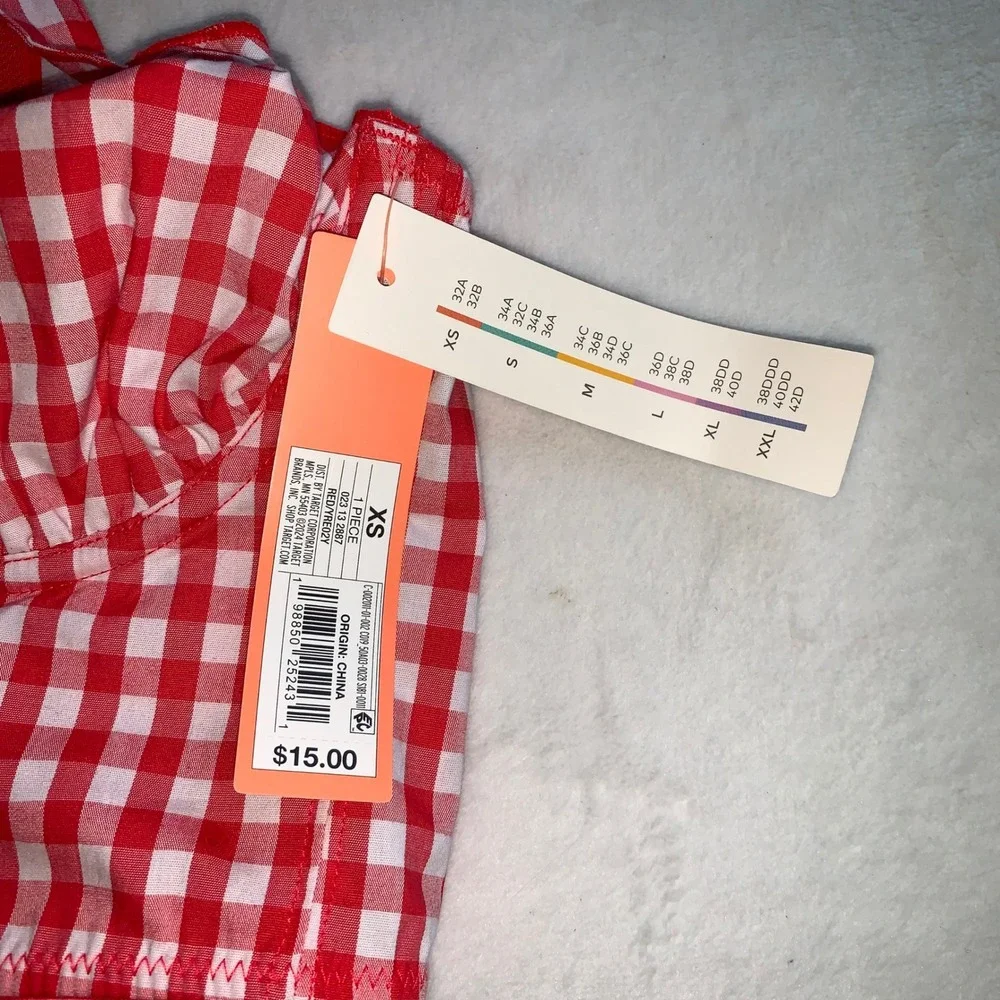 Colsie red and white gingham check picnic cotton longline bra bralette XS new